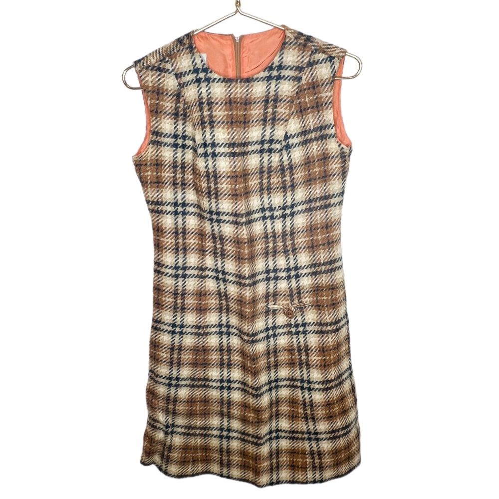 Vintage 60s 70s Brown Plaid Sleeveless Wool Dress Century of Boston